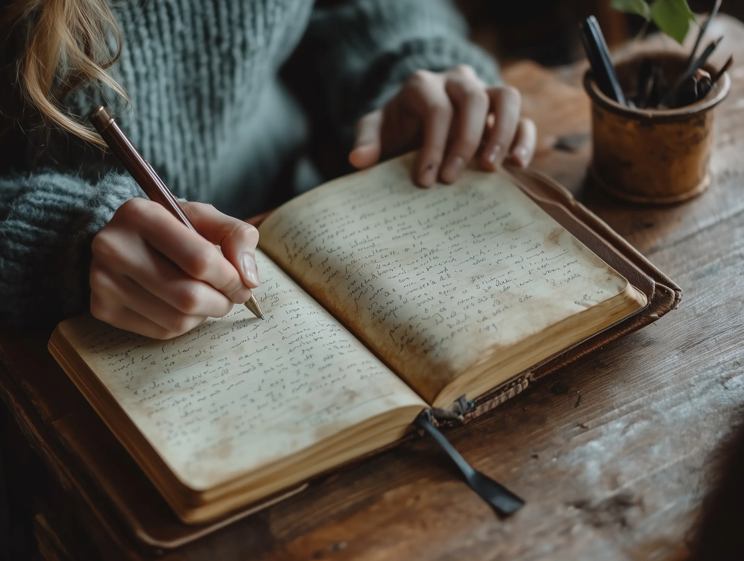 Open journal on a table used for coping with intrusive thoughts.